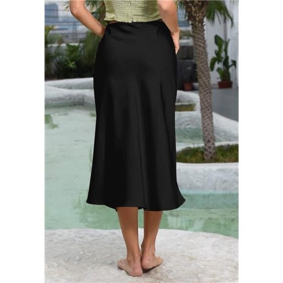 Women's Satin High Waist Hidden Elasticized Waistband Flared Casual A Line Midi - Picture 6 of 7